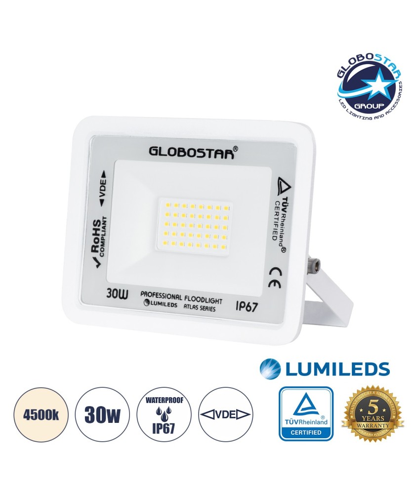 GLOBOSTAR® ATLAS 61414 Προβολέας LED 30W 3600lm 120° AC 220-240V Αδιάβροχο IP67 Φυσικό Λευκό 4500K - Lumileds SMD Chip - TÜV Rheinland Certified - Λευκό Ματ - Μ16 x Π2.5 x Υ12.5cm - 5 Χρόνια Εγγύηση